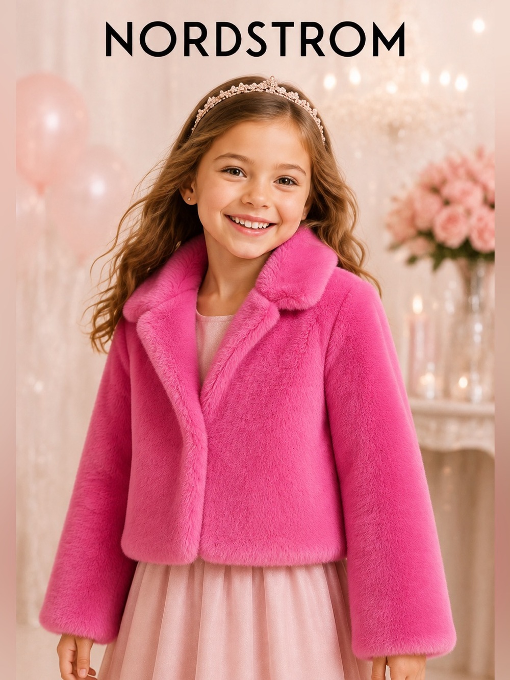 Nordstrom Girls Pink Faux Fur Cropped Jacket Coat Size 7 Cozy Winter Outerwear